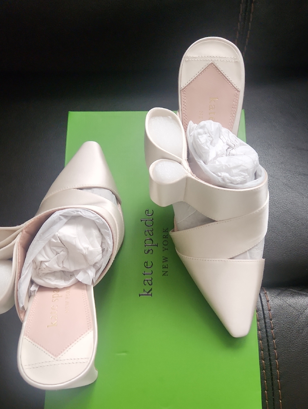 kate spade Blush Cream Pointed-Toe Slide Mules with Bow Accent